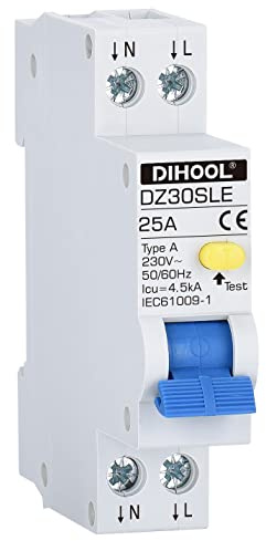 DIHOOL Type a RCBO ELCB RCD 18mm width Circuit Breaker(30mA 2 pole 25A)