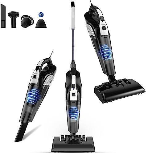 Hihhy Aspirateur Balai avec Fil, 18Kpa 600w Aspirateur Balai, 4-en-1 Aspirateur sans Sac Puissant léger Compact, Aspirateur avec 6m Long Câble, pour Poils d'animaux, Sols Durs