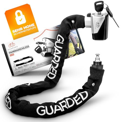 GUARDED Premium Fahrradschloss mit Schlüssel, Kettenschloss mit 8mm Stahlkette, Hohe Sicherheitsstufe, Anti-Diebstahl Fahrrad Schloss für E Scooter, E Bike, Cityroller, Motorrad