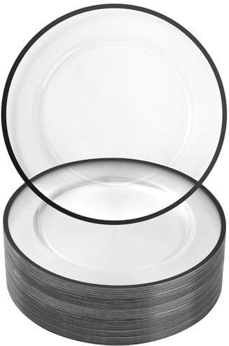 Goodluck 12 Inch Black Charger Plates, 50 Pack Clear Charger Plates with Black Trim, Disposable Plastic Dinnerware, Wedding, Party
