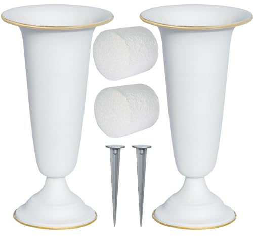 Vaso da cimitero in metallo, vasi da fiori con base in metallo e paletti, per la casa, per cimitero, decorazioni per tombe commemorative (bianco, 2 pezzi)