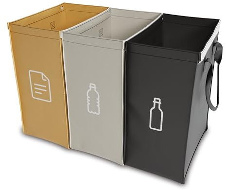qikfresh - Système de tri des déchets avec 3 compartiments pour le recyclage du verre et papier usagé, du plastique, etc. | Grands bacs de collecte pour le rangement des déchets (Symboles seulement)