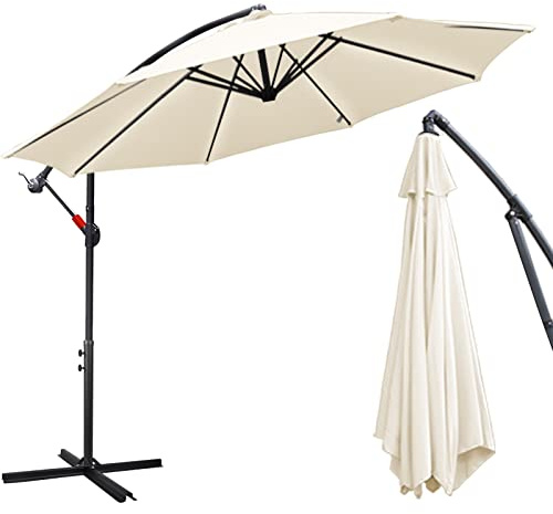Daromigo Ombrellone 300/350 cm con manovella, ombrellone con supporto, parasole da giardino, protezione UV in alluminio, per il mercato, impermeabile, per il giardino, beige., Ø 350 cm