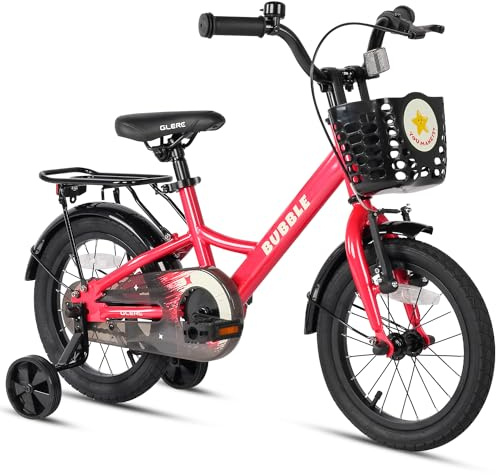 Glerc Bubble Vélo enfant 16 pour garçons et filles de 5, 6, 7, 8 ans, avec stabilisateurs de panier et porte-bagages, rouge rose