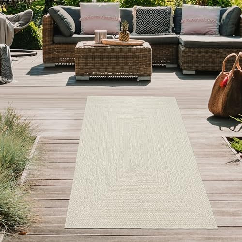 Teppich-Traum Teppich In- und Outdoorteppich Flurläufer Terrasse Balkon Garten Linienmuster in rechteckiger Form Jute-Look Creme, 80 x 250 cm