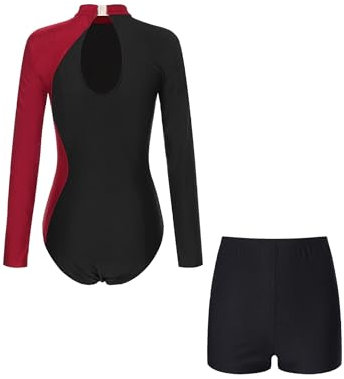 Fldy Damen Gymnastikanzug Langarm Mit Kurze Hose Glitzer Strass Turn Trikotanzug Ballett Leotard Tanzshorts Set Wettbewerb Tanzkostüm Burgundy S