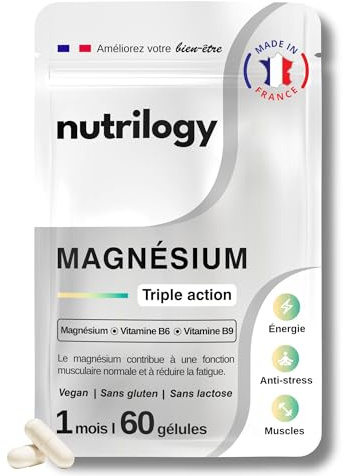 Magnésium 300 mg + Vitamines B6 & B9 | Détente, Anti-Stress & Anti-Fatigue | 1 Mois - 60 Gélules | Complément Alimentaire Haute Absorption, Sans Gluten & Fabriqué en France | NUTRILOGY