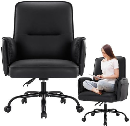 IWMH Bürostuhl, PU Leder Ergonomischer Schreibtischstuhl, Verdickte Kissen Breiten Sitz Chefsessel mit Rollen,90-135° Reclining Drehstuhl Schminktisch Stuhl Höhenverstellbarer mit Armlehne (Schwarz)