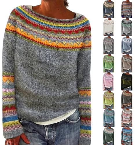 Fairisle Jumpers for Women UK Long Sleeves Icelandic Sweaters for Women Soft Comfortable Nordic Jumpers Cosy Warm Fashion Crew Neck Autumn Sweaters Plus Size Casual Pullover Tops Ladies Knitwear