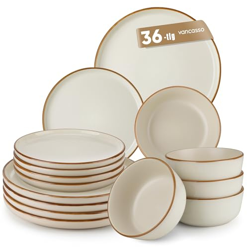 vancasso Reno - Vajillas Completas para 12 Personas, 36 piezas, de gres, moderno, platos llanos, platos de postre, cuencos de cereales, resistente a los arañazos, apto para lavavajillas y microondas