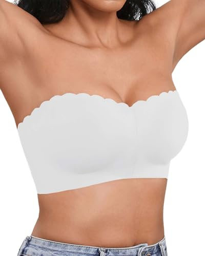 Yutdeng Reggiseno Senza Spalline Donna Reggiseno a Fascia Imbottito Push Up Invisibile Bra Antiscivolo Reggiseno Basic con Chiusura Frontale e Bordo Ondulato Reggiseno Senza Cuciture,Bianco,M
