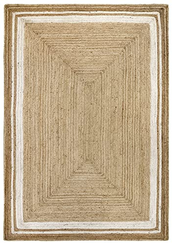 HAMID - Alfombra Yute, Alhambra Color Natural Greca Blanca, Alfombra 100% Fibra de Yute, Tejida a Mano, Alfombra de Salón, Dormitorio, Pasillo, (160x230cm)