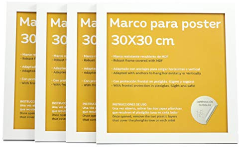 Nacnic Set de 4 marcos blancos para fotos, pósters, láminas y diplomas. Tamaño 30x30 cm. Estructura robusta de MDF con frontal de acrílico. Marcos blancos listos para colgar en la pared.