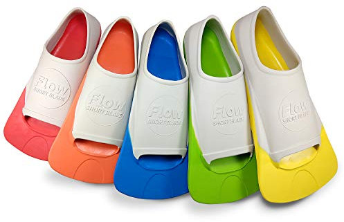 Flow Premium Rubber Short Blade Fins for Swim and Lap Training - Youth Sizes for Kids, Young Men, and Women (XXXXS 10-12 (Aqua))