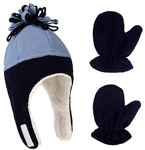 LACOFIA Cappellini Beanie e Manopole Caldo Pile per Neonato Berretto da Pilota Invernale con Paraorecchie e Guanto da Bambino Blu Marino/Blu 0-18 Mesi