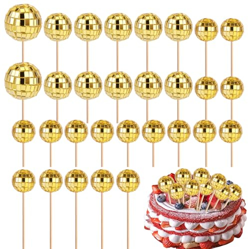 30pz Disco Ball Topper per Cupcake, Mini Toppers per Torta a Tema Discoteca con Bastoncini palla da Discoteca Torta Decorazioni per Cupcake Accessori per Dessert Festa in Discoteca (Oro)