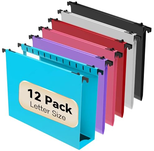 Nordun Extra Capacity Plastic Hanging File Folder Letter Size,12 Pack Reinforced Hang Folders with Heavy Duty 2 Inch Expansion, Durable Hanging Organizer Designed for Bulky Files, Assorted Colors