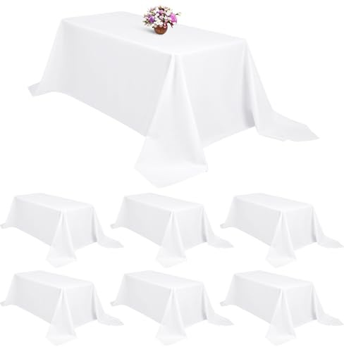 YMHPRIDE 6 Paquetes de manteles rectangulares Blancos de poliéster, 229 x 335 cm, Funda para Ropa de Mesa de Tela de poliéster, para mesas rectangulares de 8 pies, Bodas, decoración de Mesa