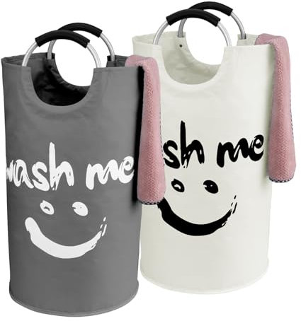 IHOMAGIC Set di 2 Ceste per la Biancheria, Raccoglitore per bottiglie, 95L Cesto Biancheria Sporca con manico, Borsa Organizzatore di attrezzi per lo yoga, 39x39x79cm (Grigio Scuro/Beige)