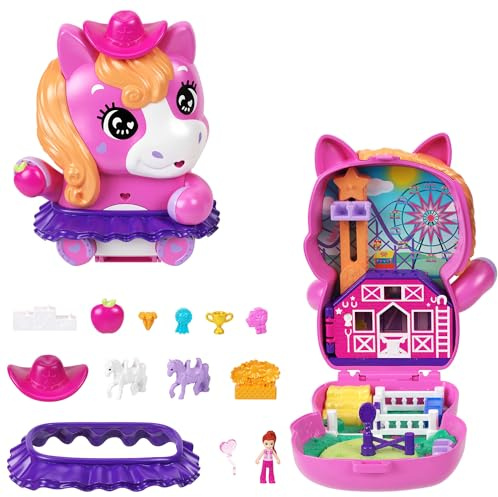 Polly Pocket Poupées et Coffret de Jeu Pony Rodeo | Jouet de voyage portable, 1 mini-poupée, chevaux, accessoires mode et nourriture, JCR39