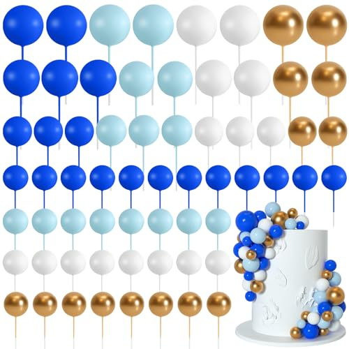 Bouiexye 75 bolas de espuma para decoración de tartas y magdalenas, mini globos, pasteles, fiestas (azul oscuro, azul, dorado, blanco)
