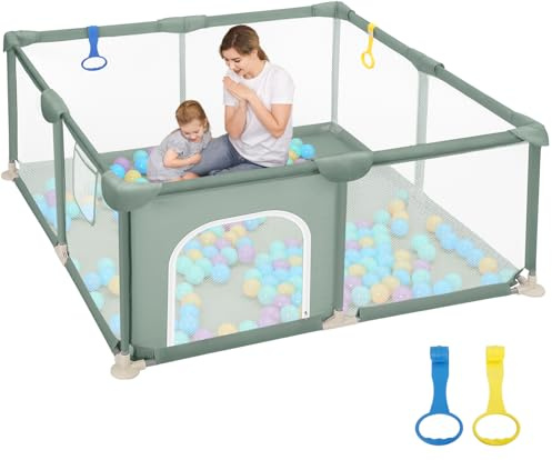Dripex Parque Infantil Bebé, 124x124cm Corralito Bebé Antideslizante, Parque de Bebe, Parque de Juegos para Bebé, Corral para Bebe con Malla Transpirable, Parque para Niños, con 2 Anilla Parque, Verde