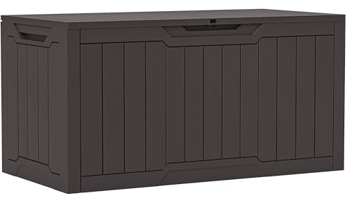 YITAHOME 100 Gallon Outdoor Storage Box, Large Water Resistant Resin Deck Box, Indoor Outdoor Lockable Storage Container for Patio, Garden, Cushions, Tools, Equipment (Dark Brown)