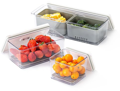 Lille Home Stackable Produce Saver, Organizer Bins/Storage Containers with Removable Drain Tray, Set of 3, for Refrigerators, Cabinets, Countertops and Pantry, BPA Free (Grey-Set of 3)
