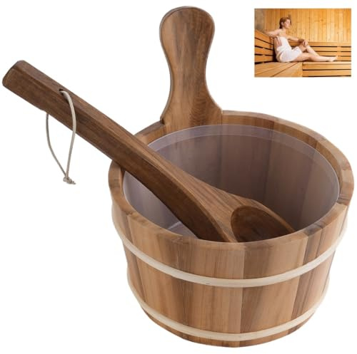 Juego de cubo y cucharón de madera de cedro de 1 galón, barril de bañera de hidromasaje de 4 litros con forro de plástico, accesorios de madera natural para sauna y spa