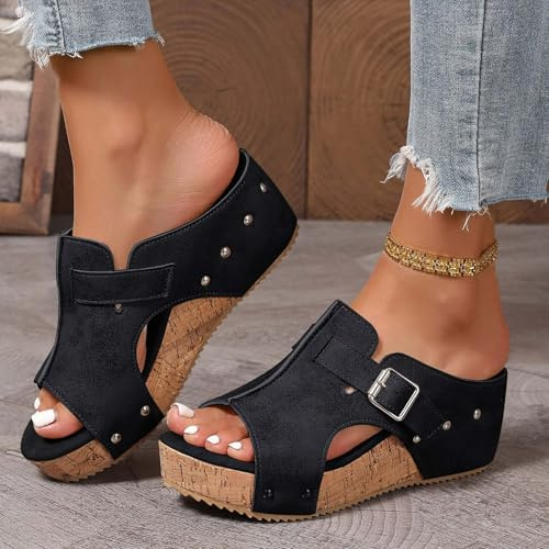 Hbeylia Wedge Sandals Platform Slides for Women Cork Heeled Comfortable Walking Open Toe Slip On Espadrilles Mules Wide Width Wedges Bohemia Womens Sandals for Summer Vacation Beach Casual