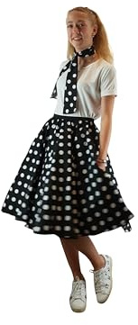 Gonna e sciarpa da donna a pois, con elastico in vita, gonna a cerchio intero, multicolore, Nero con pois bianchi, L