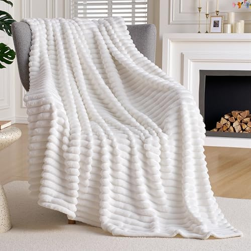 Joiedomi White Throw Blanket for Couch, Soft White Fleece Blankets Birthday Gifts for Women Mom Girls, 3D Ribbed Jacquard Cozy Cute Soft Throw Aesthetic Gifts 50x70 Inches
