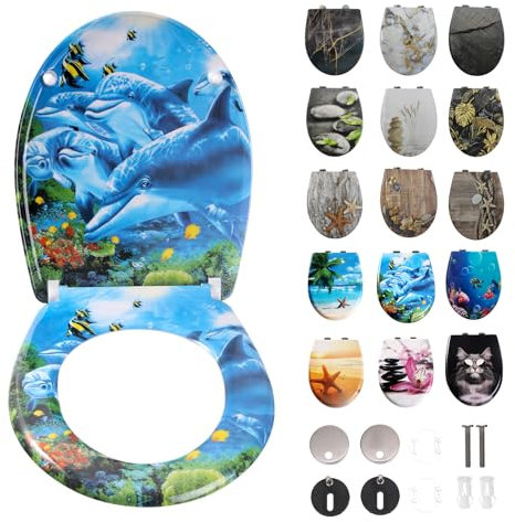 Toilettendeckel mit Absenkautomatik, WC Sitz mit Absenkautomatik Oval Form klodeckel Einfache Reinigung, Abnehmbarer WC-Sitz, 150kg belastbar, einfache Montage – Motiv: Blauer Delfin