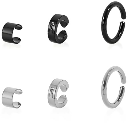 Gaodercha 6 PCS Stainless Steel Ear Cuffs Ear Cuff no Piercing Black and Silver Stainless Steel Ear Cuffs Non Pierced Ears Cuffss for Women Men Fashion Clip on Jewelry