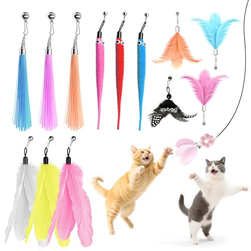 KDULPG 14PCS Cat Feather Toy Refills + 10 Chew-Resistant Cords – Cat Wand Toys for Indoor Cats Adult & Kittens – Interactive Kitten Toys Set (14Cat Feather Toy)