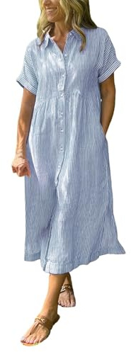 Générique Robe pour Femme-Robe Chemise Boutonnée Rayée Bleue et Blanche pour Femme T-Shirt Mi-Longue d'Été avec Poches Fonctionnelles et Élégants