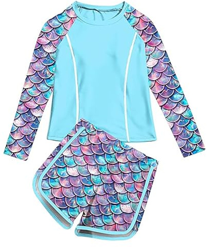 Rashguard - Bañador de verano para niña, 2 piezas, UPF 50+, azul claro, 3-4 años