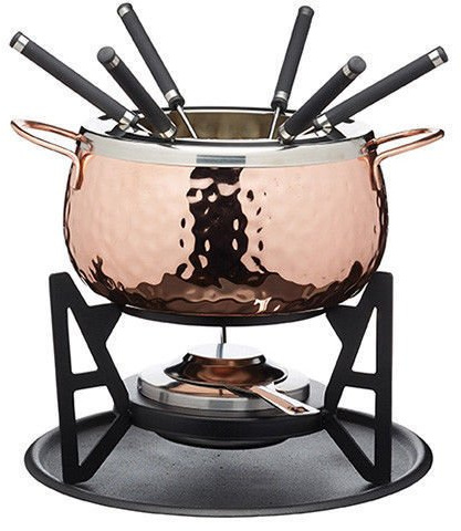 Masterclass Copper Finish Hammered Fondue Set w/6 Forks, Chocolate, Cheese, Meat