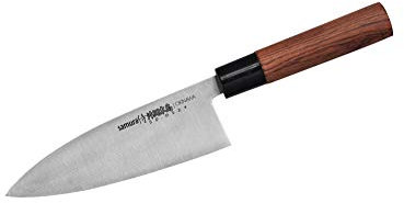 SAMURA Okinawa Coltello da Cucina Giapponese Professionale DEBA 170mm / 6.7 .Un Lato affilato aus-8 Japan Steel. Manico in Palissandro. Durezza 59 HRC