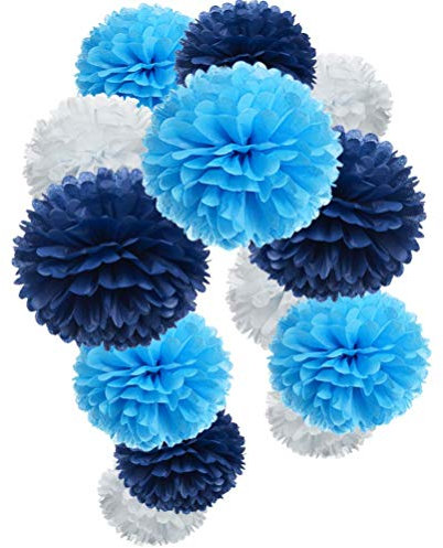 Happium 12 pompones de papel de seda, bola de flores de papel para fiesta de cumpleaños, boda, baby shower, despedida de soltera, decoración de festivales, azul marino, azul y blanco