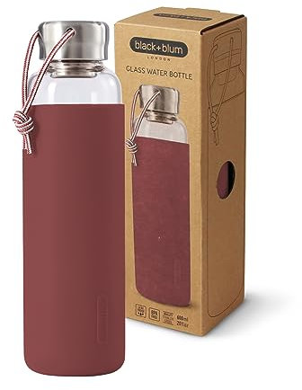 BLACK + BLUM - Bouteille d'eau de Voyage en Verre 600 ML - Étanche, Légère, Manchon de Protection - Acier Inoxydable, Nylon, Polypropylène, Silicone - Couleur Bordeaux, Design Élégant