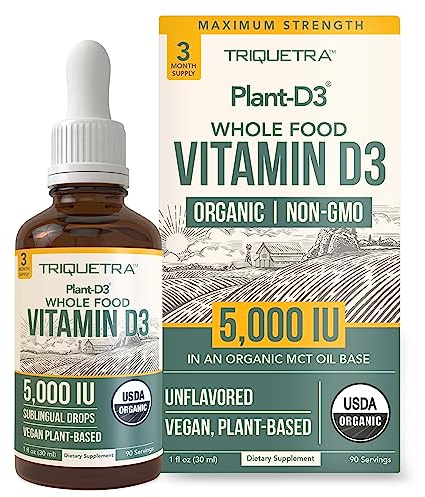 Plant-D3 Organic Vitamin D3 5000 IU - Vegan, Max Strength Sublingual Liquid D3 Drops - 200% Higher Absorption - 100% Plant-Based Cholecalciferol Form - Adjustable Dosing for All Ages (1oz Liquid)