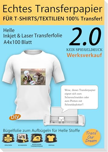 TransOurDream A4 x 100 Äkta Inkjet/Laser Transferfolie, Överföringspapper | 10 silikonpapper tryckbar strykfolie för ljusa T-shirts/textilier, transferpapper