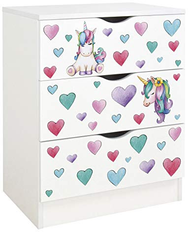 Leomark Weiß Kommode mit 3 Schubladen - Roma - Möbel für Kinderzimmer aus Holz, Skandinavischer Stil, Dim: 60x42x78 (Höhe) cm (Unicorn)