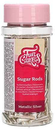 FunCakes Metallic Sugar RodsXL Argent: Sprinkles gâteau, Bon Goût, Parfait pour la Décoration de Gâteau, Sprinkles Cupcake 70 g.