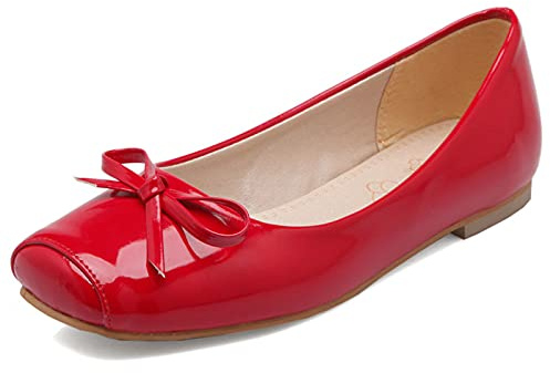 Bviennic Ladies Square Toe Ballet Flats Slip On Bows Dolly Shoes Ballerina Dance Patent Loafer Slipper Casual Walking Moccasins Red Size 6 UK-40CN