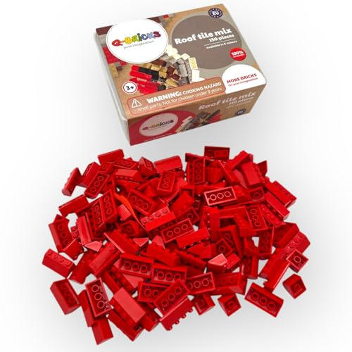 Q-Bricks Box mit Dachsteinmischung | 150 Stück | Formen: 2x2 und 2x4 | Farbe: Feuerrot| Kompatibel mit gängigen Bausteinmarken | Bausteine für kreative Konstruktionen