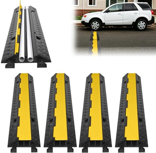 ACXIN 4 pezzi 2 canali, 100 x 24 x 5 cm, protezione anti-attraversamento per cavi, ponte cavi in gomma di qualità industriale con modulare, design per parcheggi, magazzini (nero)