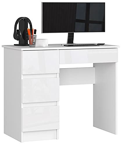 AKORD | Computertisch | Schreibtisch 4 Schubladen | Komfort | Hohe Qualität | Solide | Für Zuhause | Für das Büro | Ergonomie | Für die Arbeit | B90 x H77 x T50 cm | Weiß & Weiß Glänzend Front