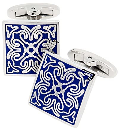 Jonwo Gemelos cuadrados vintage Cloisonne para hombre, patrón retro azul, juego de gemelos para boda, camisa, fiesta, negocios, cumpleaños, aniversario, vestido, 17mm / 0.67 Inch, Latón, Sin gemas.